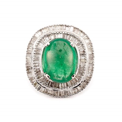 Lot 506 - White Gold, Cabochon Emerald and Diamond Ring