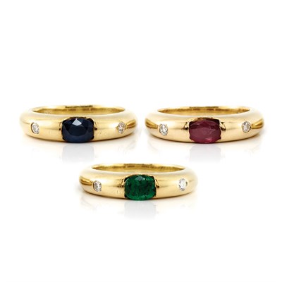 Lot 416 - Three Gold, Gem-Set and Diamond Gypsy Rings