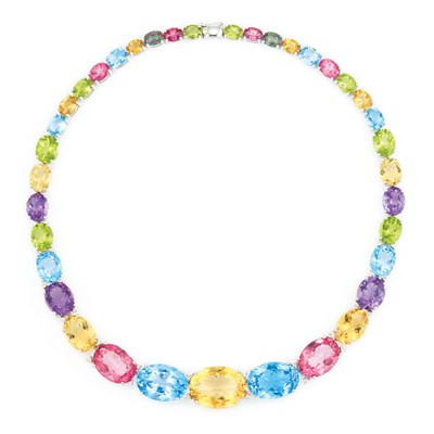 Lot 313 - White Gold, Gem-Set and Diamond Necklace