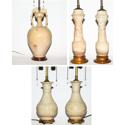 Lot 163 - Group of Five Chinese Glazed Pottery Lamps...
