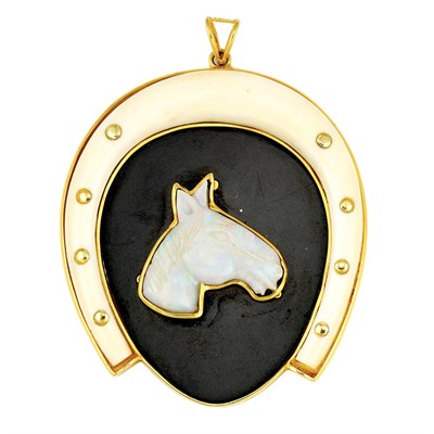 Lot 871 - Gold, Black Onyx, Ivory Hardstone and Carved Opal Horseshoe Pendant