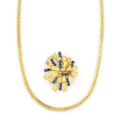 Lot 231 - Gold Necklace and Gold, Sapphire and Diamond Clip-Brooch