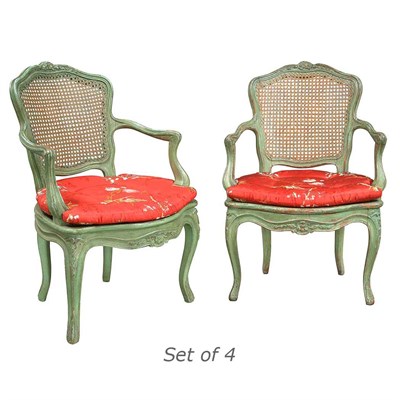 Lot 346 - Set of Four Louis XV Style Green Painted Caned...