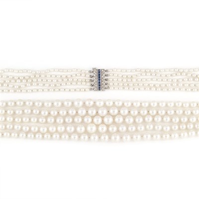 Lot 598 - Long Five Strand Cultured Pearl Necklace with Platinum, Diamond and Sapphire Clasp