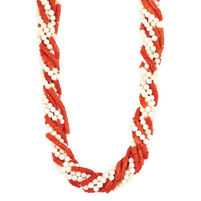 Lot 622 - Long White Coral and Coral Bead Torsade Necklace, Cellino