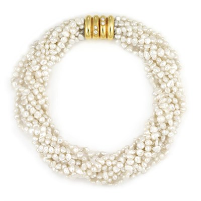 Lot 543 - Ten Strand Freshwater Pearl Torsade Necklace with Gold and Diamond Clasp