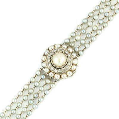Lot 599 - Four Strand Cultured Pearl, White Gold, Mabe Pearl and Diamond Bracelet-Watch, Lucien Piccard