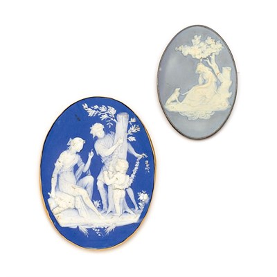 Lot 556 - Two Antique Blue and White Ceramic Cameo Brooches