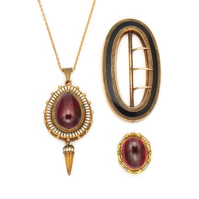 Lot 558 - Archeological Carbuncle and Enamel Pendant with Chain, Antique Cabochon Garnet and Seed Pearl Ring and Enamel Belt Buckle