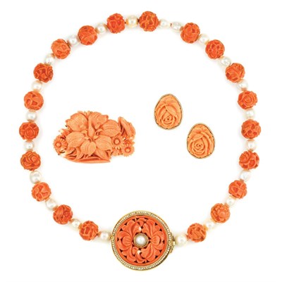 Lot 197 - Carved Coral Bead and Semi-Baroque Cultured Pearl Necklace, Pair of Earrings and Brooch