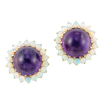 Lot 748 - Pair of White Gold, Cabochon Amethyst and Opal Earrings