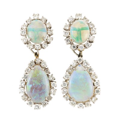 Lot 308 - Pair of White Gold, Opal and Diamond Pendant-Earrings
