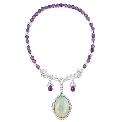 Lot 812 - White Gold, Amethyst, Diamond and Opal Pendant-Necklace