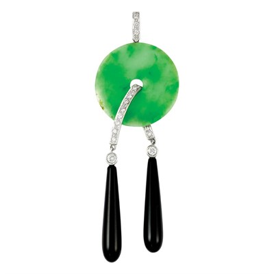 Lot 289 - White Gold, Jade, Diamond and Black Onyx Pendant