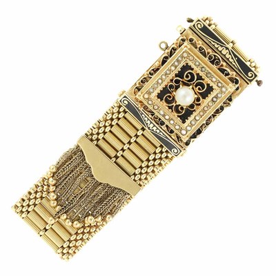 Lot 596 - Gold, Cultured Pearl, Split Pearl and Black Enamel Fringe Bracelet-Watch