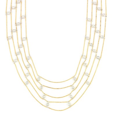 Lot 502 - Five Strand Gold Bead, White Gold and Diamond Choker Necklace