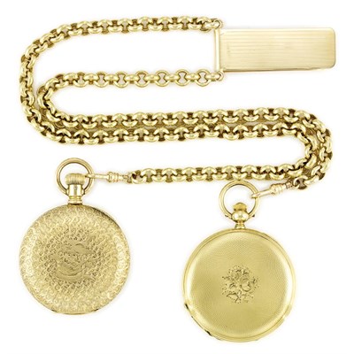 Lot 179 - Two Gold Hunting Case and Open Face Pocket Watches with Gold Chain and Money Clip