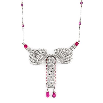 Lot 793 - Platinum, Diamond and Gem-Set Pendant with White Gold and Ruby Chain