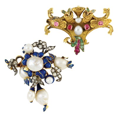 Lot 61 - Two Antique Silver, Gold, Freshwater Pearl, Enamel and Gem-Set Pins