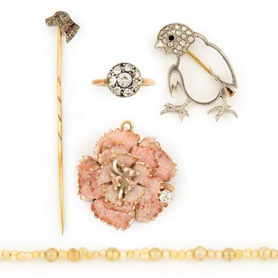 Lot 874 - Group of Period Gold, Platinum, Diamond, Gem-Set and Enamel Jewelry and Imitation Pearl Necklace