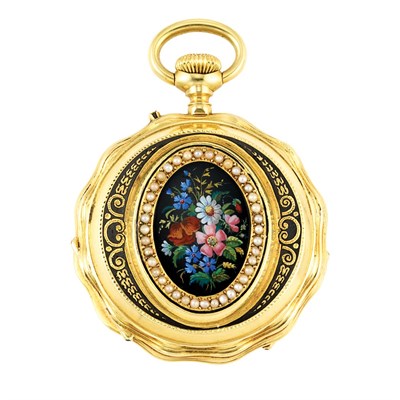 Lot 241 - Lady's Antique Gold, Split Pearl and Enamel Open Face Locket Pendant-Watch with Long Gold Watch Chain