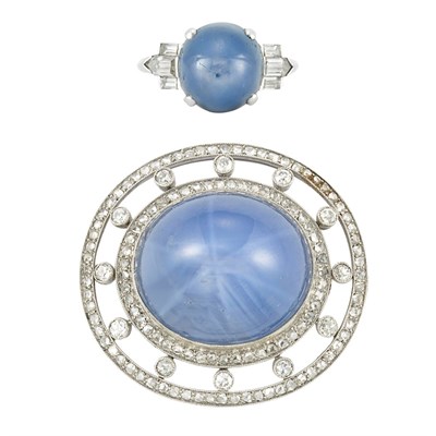 Lot 805 - Edwardian Platinum, Grayish-Blue Star Sapphire and Diamond Brooch and Art Deco Ring