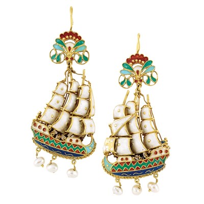 Lot 65 - Pair of Gold, Enamel and Pearl Sailing Ship Pendant-Earrings