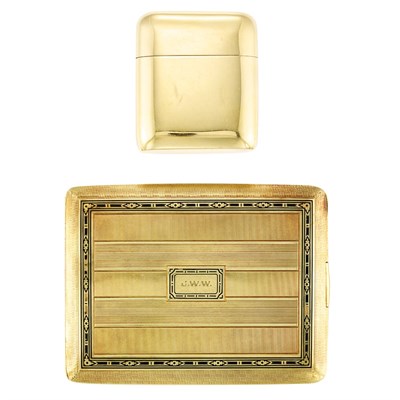 Lot 177 - Gold and Black Enamel Cigarette Case and Match Case