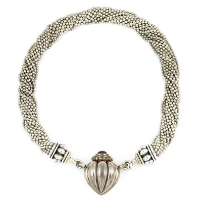 Lot 917 - Multistrand Sterling Silver Bead, Gold and Cabochon Garnet Torsade Necklace