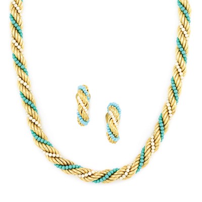 Lot 245 - Gold, Turquoise and Cultured Pearl Necklace and Pair of Costume Hoop Earclips