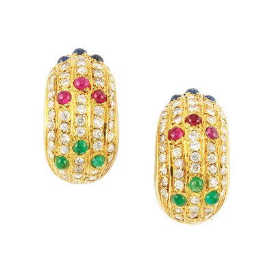 Lot 412 - Pair of Gold, Diamond and Cabochon Colored Stone Half-Hoop Earrings