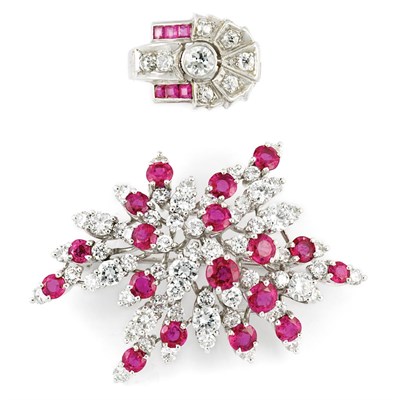 Lot 524 - Diamond and Ruby Pendant-Brooch and Ring