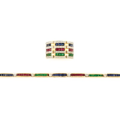 Lot 449 - Gold, Gem-Set and Diamond Bracelet and Ring