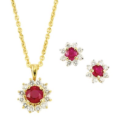 Lot 779 - Pair of Gold, Ruby and Diamond Earrings and Pendant with Chain