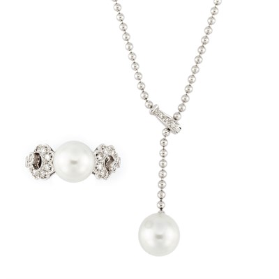 Lot 279 - White Gold Bead, Diamond and Cultured Pearl Pendant-Necklace and Ring
