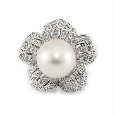 Lot 702 - White Gold, Cultured Pearl and Diamond Flower Ring