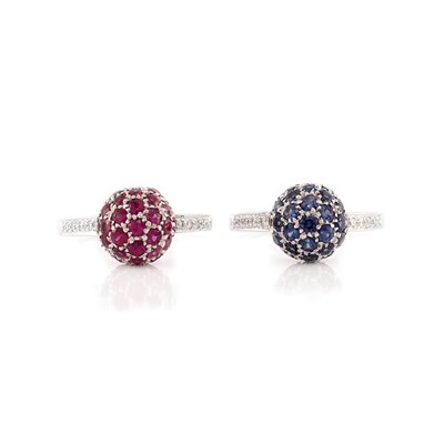 Lot 523 - Pair of White Gold, Ruby, Sapphire and Diamond Ball Rings