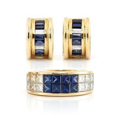 Lot 434 - Pair of Gold, Sapphire and Diamond Hoop Earrings and Ring