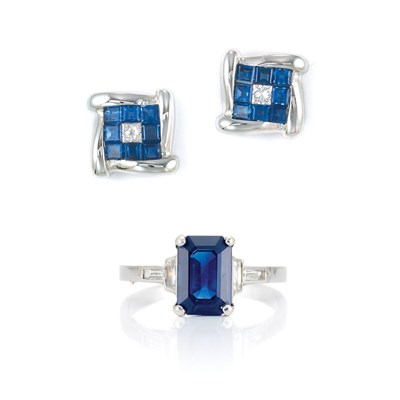 Lot 789 - Sapphire and Diamond Ring and Pair of Earrings