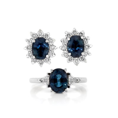 Lot 517 - White Gold, Sapphire and Diamond Ring and Pair of Earrings