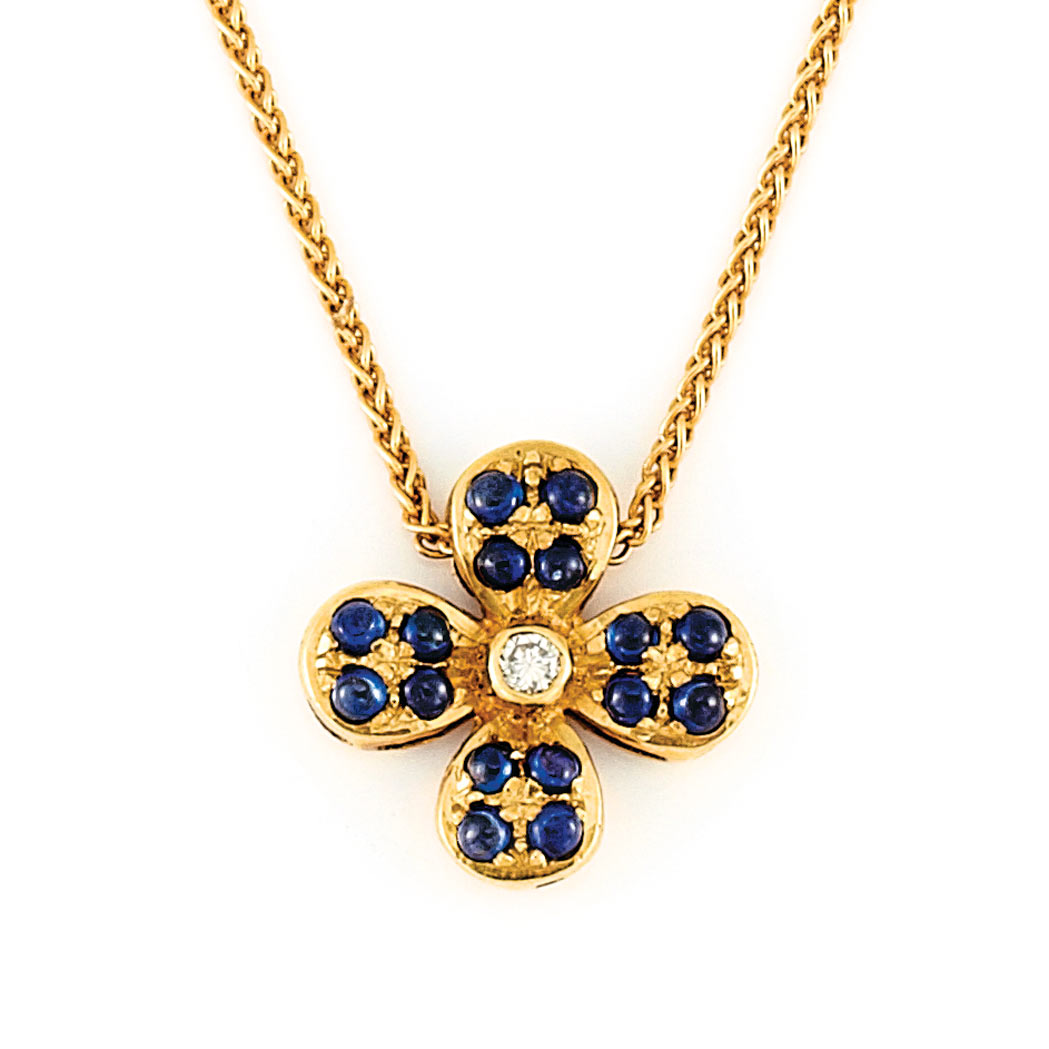 Lot 422 - Pair of Gold, Cabochon Sapphire and Diamond Flower Earrings and Pendant with Chain