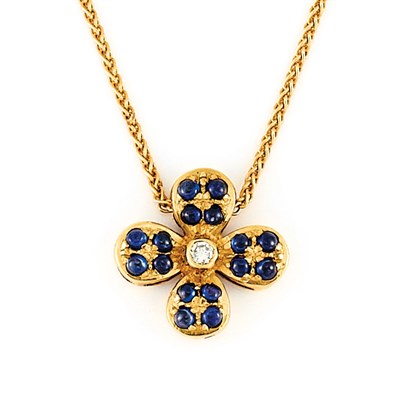 Lot 422 - Pair of Gold, Cabochon Sapphire and Diamond Flower Earrings and Pendant with Chain