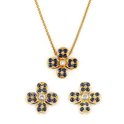 Lot 422 - Pair of Gold, Cabochon Sapphire and Diamond Flower Earrings and Pendant with Chain