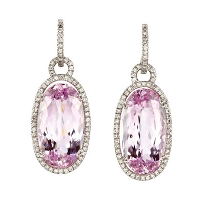Lot 331 - Pair of White Gold, Kunzite and Diamond Pendant-Earrings