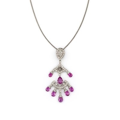 Lot 752 - White Gold, Diamond and Pink Sapphire Briolette Pendant with Chain