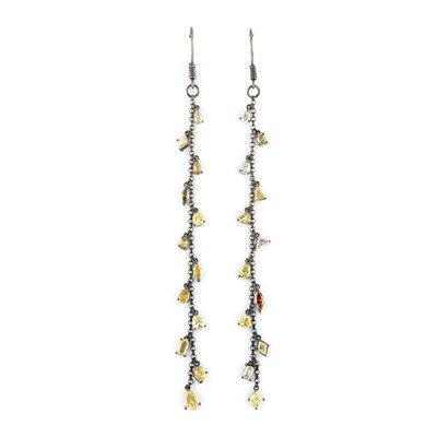 Lot 785 - Pair of Blackened Gold and Colored Diamond Fringe Pendant-Earrings