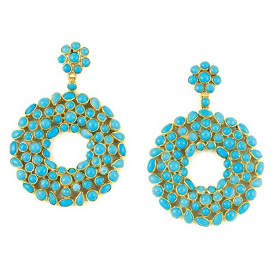 Lot 469 - Pair of Gold and Turquoise Hoop Pendant-Earrings