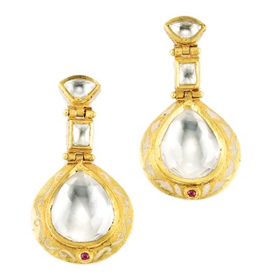 Lot 254 - Pair of Indian Gold, White Enamel and Foiled-Back White Sapphire Pendant-Earrings