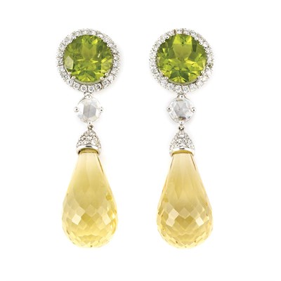 Lot 314 - Pair of White Gold, Peridot, Diamond and Citrine Briolette Pendant-Earrings