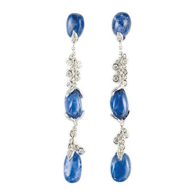 Lot 808 - Pair of White Gold, Tumbled Sapphire and Diamond Fringe Pendant-Earrings